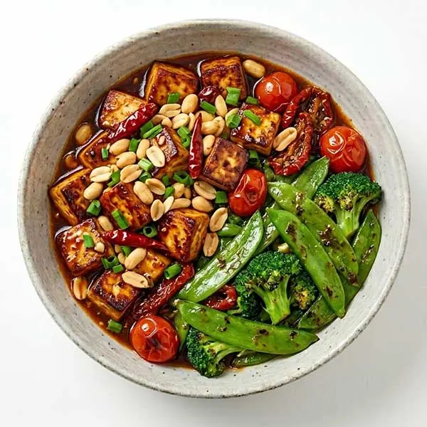 Kung Pao Cottage Cheese With Stir-Fried Snow Peas & Broccoli